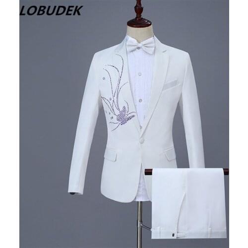 Adult Male Suit Costume Wedding MC Host Evening Party Prom Stage Outfit Bar Singer Chorus Studio Performance White Crystal Suits