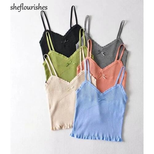 Sexy crop top women summer vintage tank top knit korean spaghetti strap tops women 2021 ruffle tops black pink cami top bow tie