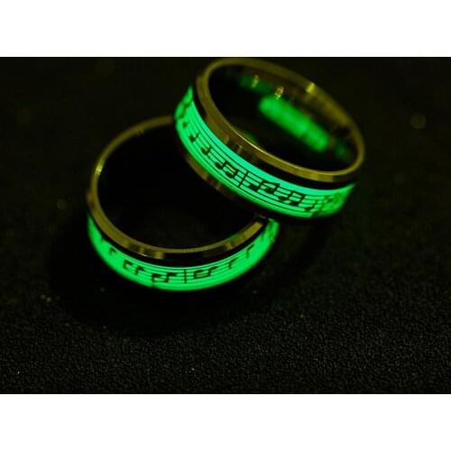 AsJerlya New Music Note Luminous Rings For Men Women Green Light Stainless Steel Glow In Dark Wedding Band Rings Fashion Jewelry