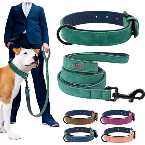 Leather Dog Collar and Leash 2 Layer Padded Dogs Collars Pet Walking Lead Rope For Small Large Dogs Bulldog Pitbull