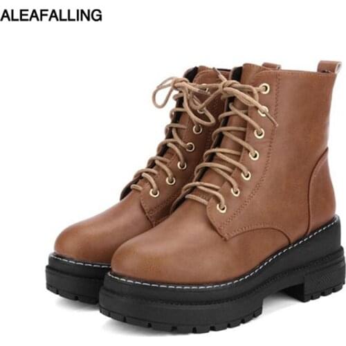 Aleafalling Women Boots Lace Up Solid Sewing Casual Ankle Boots Mature Round Toe Thicken Bottom Women Shoes Boots Warm WBT225