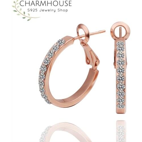 Charmhouse Hoop Earrings For Women 18K Rose Gold Color Round Ear Cuff With Zirconia Brincos Wedding Bridal Jewelry Accessories