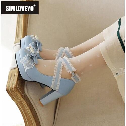 SIMLOVEYO New 2021 Ladies Sandals Sweet Lolita Round Toe Flower High Spike Heels Bowknot Platform Lace Casual Comfortable A4073