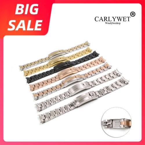 CARLYWET 20mm Black Solid Curved End Screw Links Glide Lock Clasp Steel Watch Band Bracelet For OYSTER Style Rolex Submariner