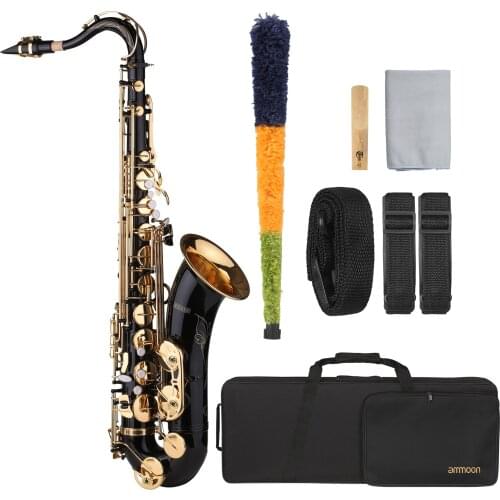 Ammoon B-flat Tenor Saxophone Bb Black Lacquer Sax with Sax Case Mouthpiece Reed Neck Strap Cleaning Cloth Brush for Beginners