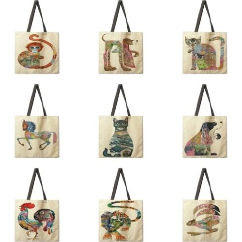 Outdoor beach bag animal Ukiyo-e linen tote bag female leisure portable lady shoulder bag foldable shopping bag