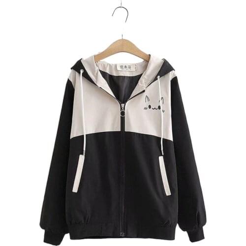 2020 Womens Basic Hooded Jacket Cartoon Cat Print Harakuju Jackets Patchwork Long Sleeve Clothing Multicolor Female Casual Coat