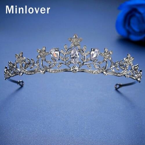 Minlover Flower Silver Color Wedding Crowns Tiaras Women Cubic Zirconia Bride Headband Diadem Prom Bridal Hair Accessories HG226