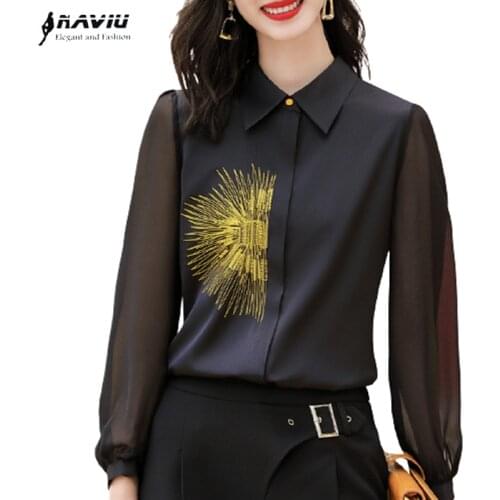 High End Long Sleeve Autumn Shirt Women New 2021 Fashion Temperament Embroidered Chiffon Blouses Office Ladies Work Tops