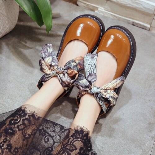 Women leather single shoes new ankle strap bow art Mary Jane Lolita comfortable shoe buckle lace up pompon skirt shoes U19-33
