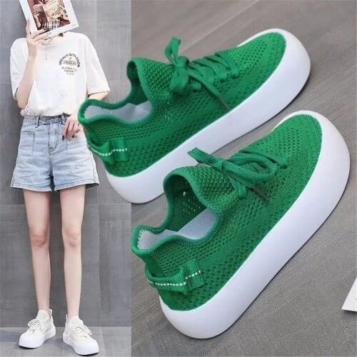 Knitted Mesh Thick Sole Shoes Womens 2021 Summer New Student Sports Muffin Bottom Breathable Round Sneakers White Black Green