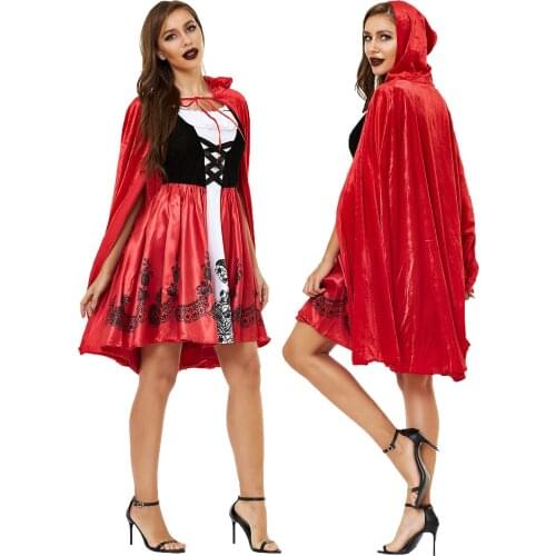 Women Little Red Riding Hood Costume Christmas Halloween Party Dress with Cape Masquerade Stage Gothic Clothes Suit Uniform