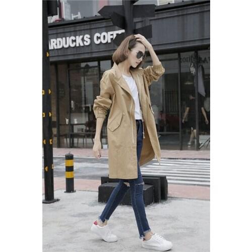 Womens trench coat casual new loose solid color drawstring waist was thin long section of cotton zipper coat windbreaker D20