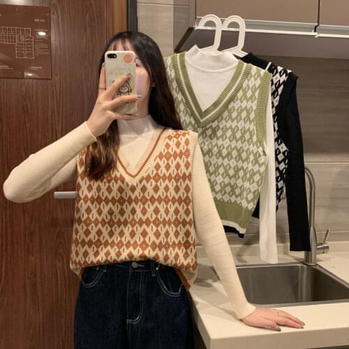 Woman Jacket Vest Rhombus Knitted Vest for Women Autumn V-neck Sweater Coat Chaleco Mujer
