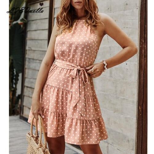LZEQuella Summer Slim O Neck Boho Dot Ruffles Dress Women Casual Sleeveless Ruffles Above Knee Sashes Belt Mini Dresses 2021 New