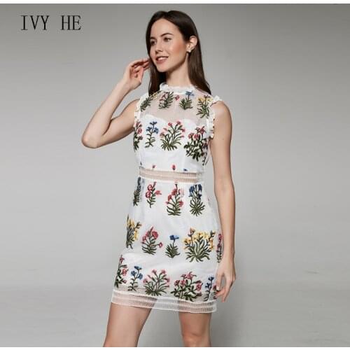 IVY HE Summer Womens Dress 2021 High Street Chinese Embroidery Flower Dresses White Temperament Hollow Out Dress