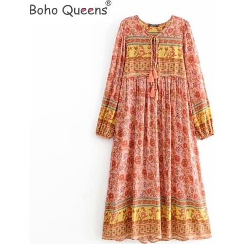 Boho Queens women long sleeve floral print beach Bohemian midi dress Ladies lace-up rayon Boho pleated dress vestidos