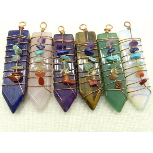 2020 Natural stone Quartz crystal opal 7 Chakra pillar chakra Wire winding Pendant for Jewelry making necklace for men woman 6pc