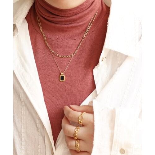 Amaiyllis 18k Gold Minimalist Double Layered Sweater Chain Necklaces Black Square Portrait Necklaces Mujer Collare Female Bijoux