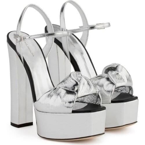 Silvery Gold Patent Leather Platforms Women Knotted Super High Heel Sandals High Dress Heels Ladies Chunky Heel Summer Shoes