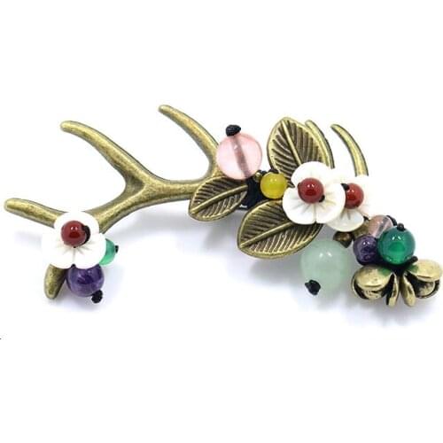 Ethnic Antlers Brooch Bronze Alloy Corsage Chinese Style Shell Flower Brooches Ethnic Colorful Bead Corsage Women Accessories