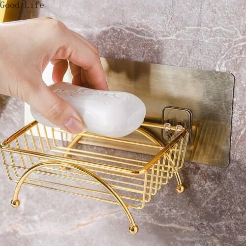304 Stainless Steel Golden Soap Holder Free Perforated Wall Hanging Drain Soap Dish Bathroom Shelf Rack