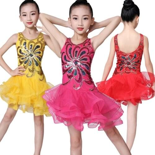 Children\s Girl Fashion Dance Dress Solid Sequins Mid Mesh Fluffy Children Costumes Latin Dance Performance Stage Dance Dress