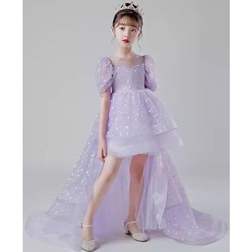Flower Girl Dresses Illusion O-Neck Embroidery Princess Knee-Length Tulle Lace Short Luxury Purple Elegant Kids Party Gown H434