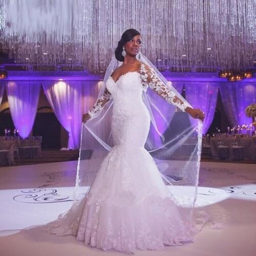 E JUE SHUNG White lace Appliques Mermaid Wedding Dresses Long Sleeves Lace Up Back Bride Dresses Plus size Wedding Gowns