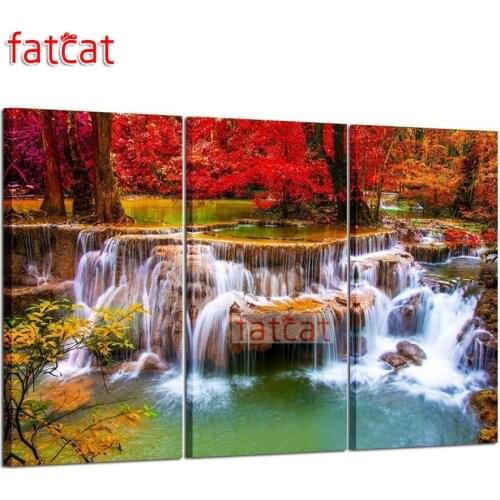 FATCAT Woods landscape waterfall nature Large triptych 5D Diy Diamond Painting full mosaic diamond Embroidery Decoration AE1735