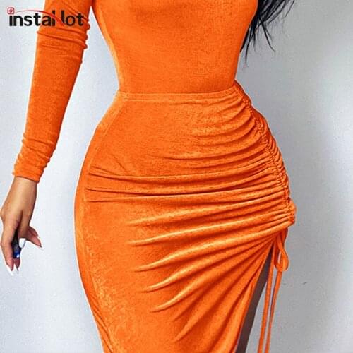 InstaHot Women Drawstring Folds Asymmetrical Skirt High Waist Slim 2021 Elegant Vintage Casual Bodycon Sexy Classic Solid Skirt