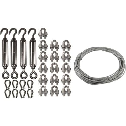 2 Set Stainless Steel Kit: 1 Set Flexible Wire Rope Cable 3Mmx12M & 1 Set 4-Pcs Turnbuckle/Tension(Eye&Hook, M6)+16-Pcs 1/8 Inch