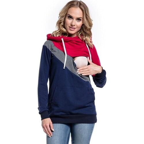 Brief Maternity Hoodies Patchwork Fashion Pregnant Mommy Casual Clothing Breastfeeding Fall Clothes for Women Cotton Nursing Top