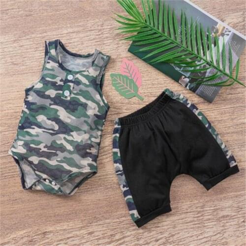 0-24M Baby Boy Two-Piece Suit Camouflage Sleeveless Romper And Shorts Set For Boys Birthday Party Summer Outfits