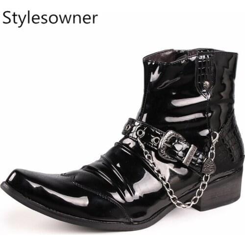 Stylesowner Punk Style Men Black Patent Leather Boots Metalic Pointed Toe Zipper Party Short Ankle Rock Booties Comfortable Male