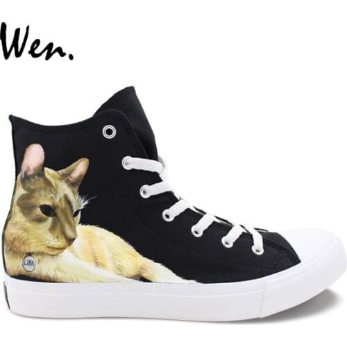 Wen Design Custom Animal Pet Cat Lazy Lying Hand Painted Canvas Shoes High Top Women Flat Sneaker Men Athletic Shoes Skateboard