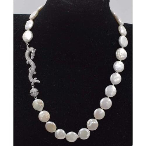 NEW nature white coin freshwater pearl 13-14mm necklace dargon clasp 20inch wholesale beads woman