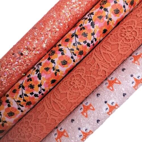 Orange Glitter leather, Fox Printed Glitter Faux leather, Flowers Faux Leather Sheets For Bows Earrings DIY 21x29CM KM704
