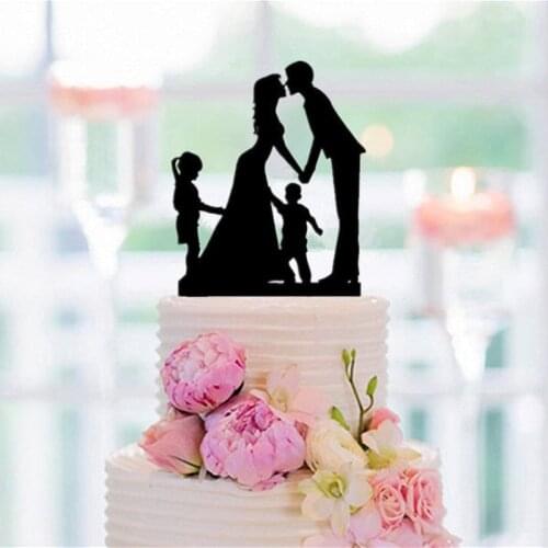 Familly Wedding Cake Topper Bride and Groom with a Big Girl and a Little Boy Silhouette Topper Cake for Wedding Cake Accessory