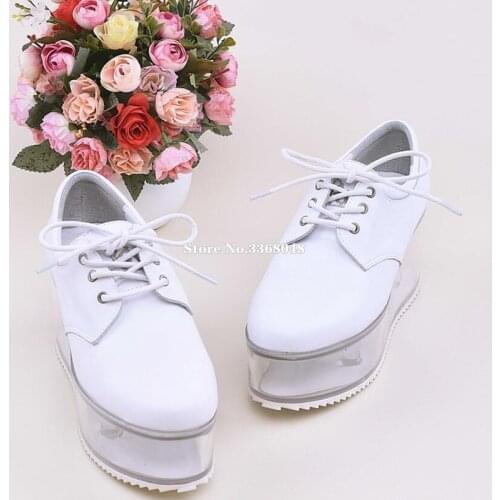 New Spring Autumn Cute Shoes Transparent Bottom Flats Can Be Put Ornaments Thick Heels Black White Shoes Lace Up Casual Flats