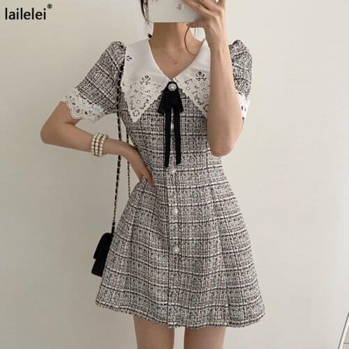 Tweed Plaid A-line Dress Hollow Button Bow Short Sleeve Mini robe Korean Style Retro Elegant 2021 Summer Party women