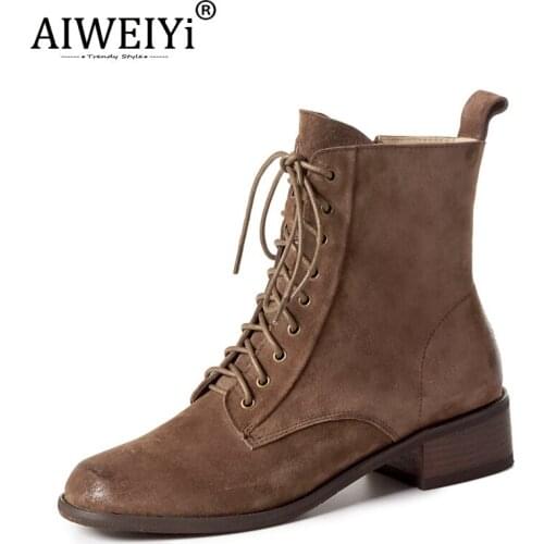 AIWEIYi Fashion Women Boots Genuine Leather Winter Shoes Lace Up Cow Leather Flat Martin Boots Women Casual Warm Boots