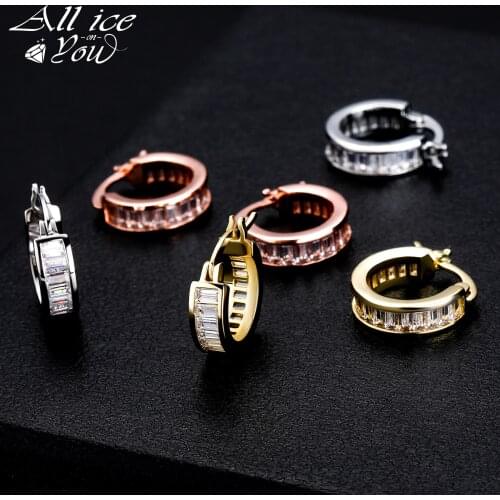 2021 New Iced Out 5MM Baguette Round Large and Small Earrings Full Iced Cubic Zirconia Hip Hop Fashion Jewelry For Womens Gift