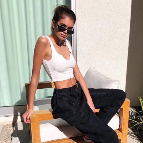 Womens Basic Crop Tank Top Casual Notched Neckline Sleeveless Stretchy Ribbed Knit Tee Top