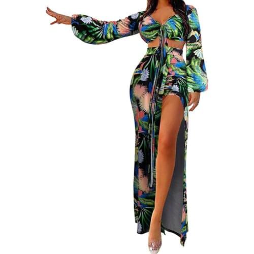 Two Piece Women Print Beach Sets Long Sleeve V Neck Drawstring Crop Top High Waist Hem Split Skirt Female Fashion Summer Sets