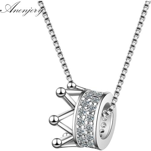 ANENJERY 925 Sterling Silver Zircon Crown Necklace Two Colors Queen Wind Cavicle Chain For Women S-N311