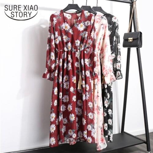 Burgundy Vintage Floral Print Korean Loose Women Dress Plus Size Flare Long Sleeve Tassel Empire V-collar Midi Vestidos 8692 50