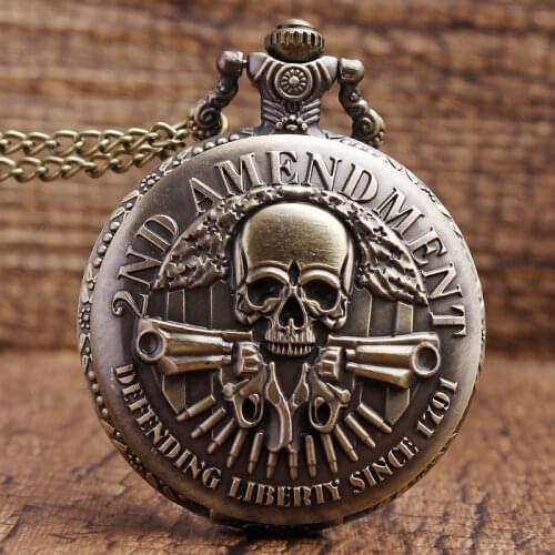 2020 2nd Amendment Defending Liberiy Skull Carving Quartz Pocket Watch Necklace Pendant Chain Men Women Gifts Relogio De Bolso