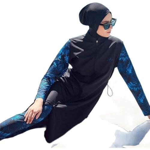 2021 Swimwear Women Long Sleeves Sport Swimsuit Womens Black Palm Pattern Hijab Swimsuit Islamic Women Burkinis deniz elbise