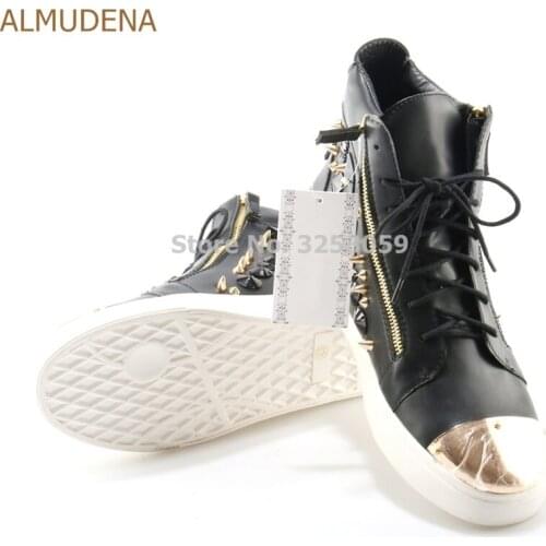 ALMUDENA Top Quality Unisex Couple Sneaker Casual Shoes Black Gold Metallic Toe Rivets Sneakers Couple Height Increasing Shoe